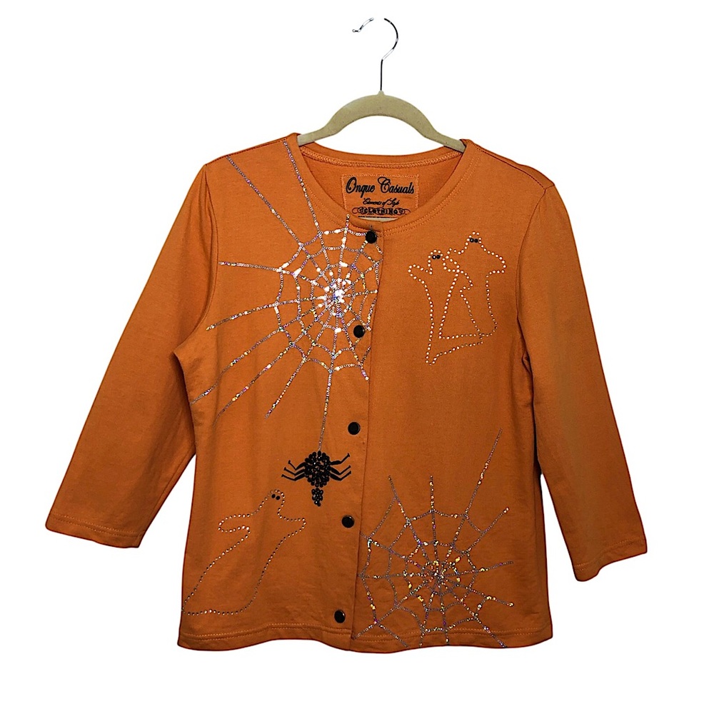 Onque Casuals‎ Cotton Orange Black Halloween Embellished Ghost Spider Cardigan M